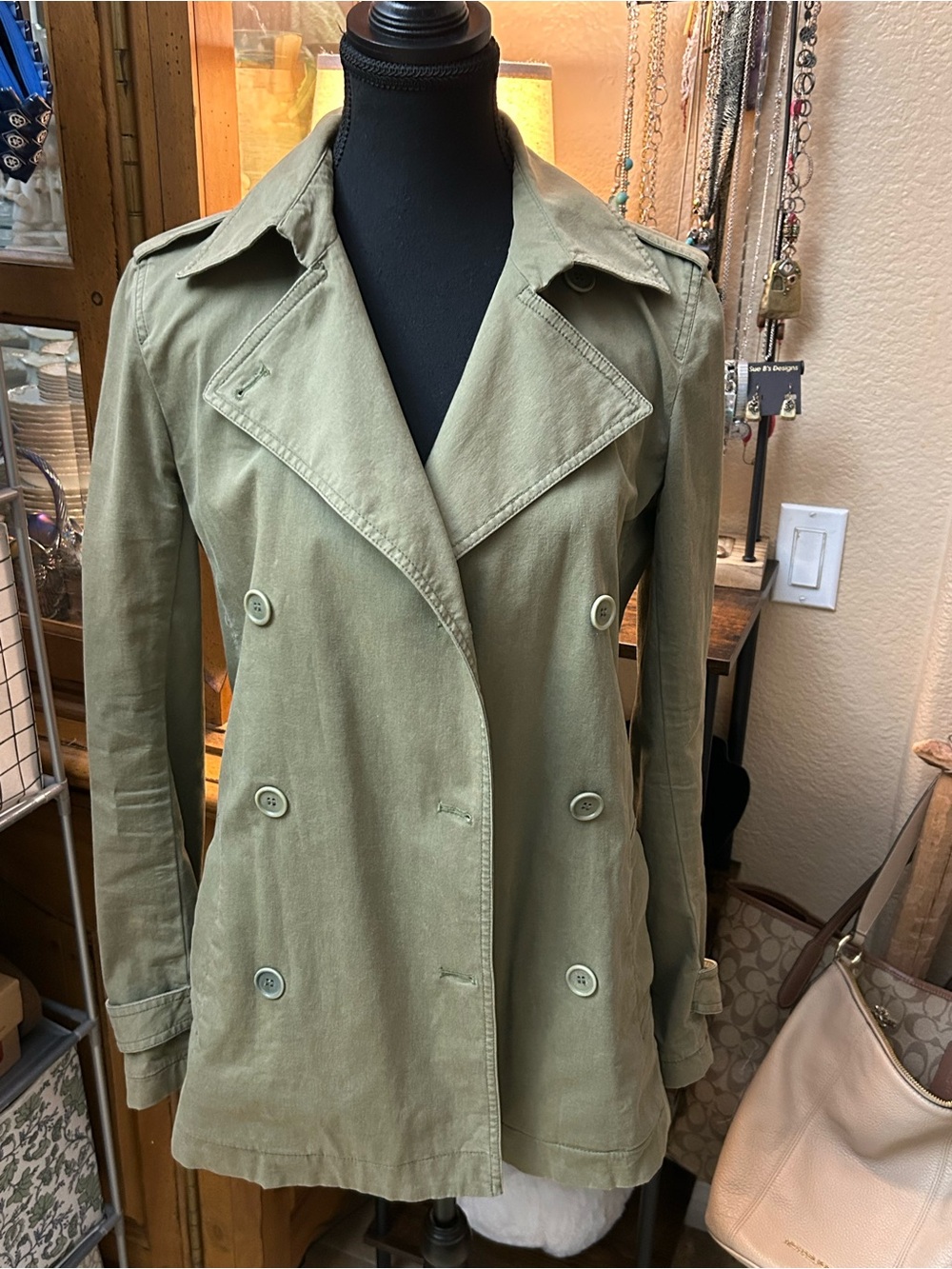 Theory Olive Green Double-Breasted Trench Coat